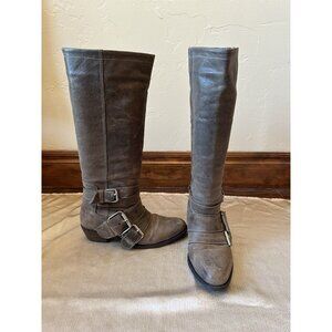 Women's Gianni Bini Mid Calf Distressed Leather Riding Boot Taupe Brown sz 8‎